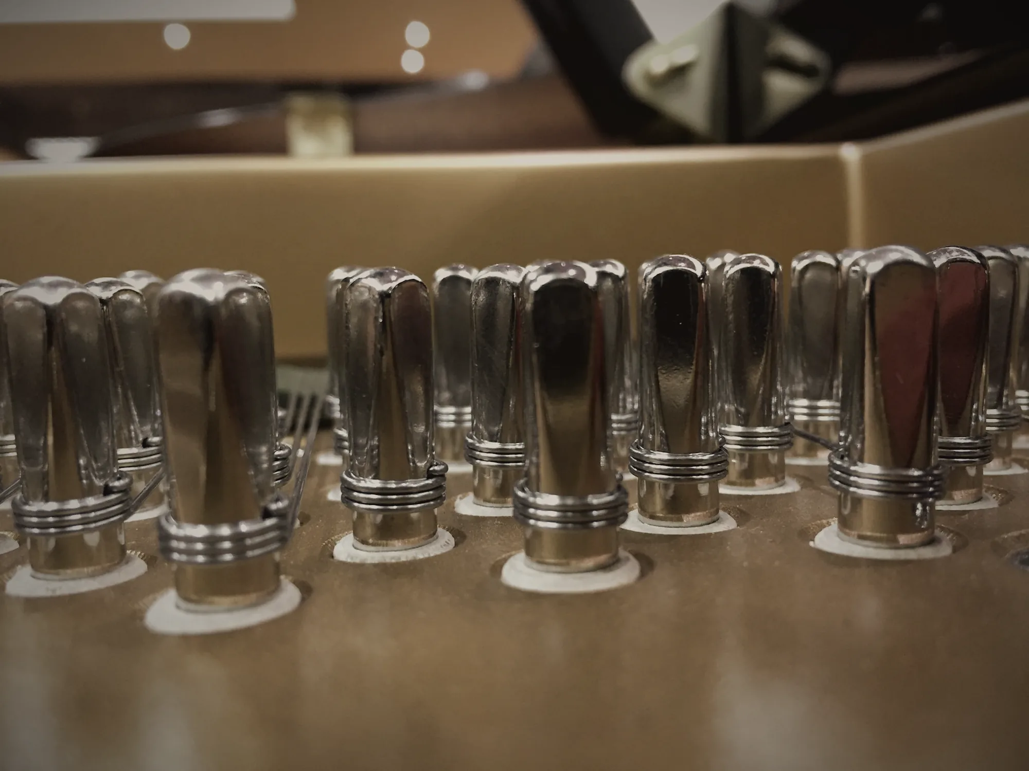 Close-up of nickel tuning pins and coiled strings on the gold plate of a grand piano