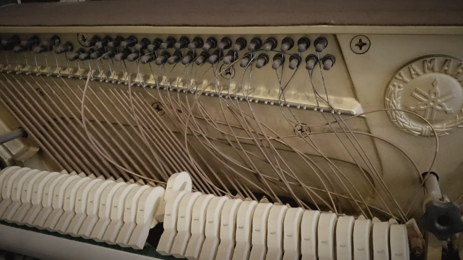 Upright piano during restringing, with loose strings curling from the tuning pins