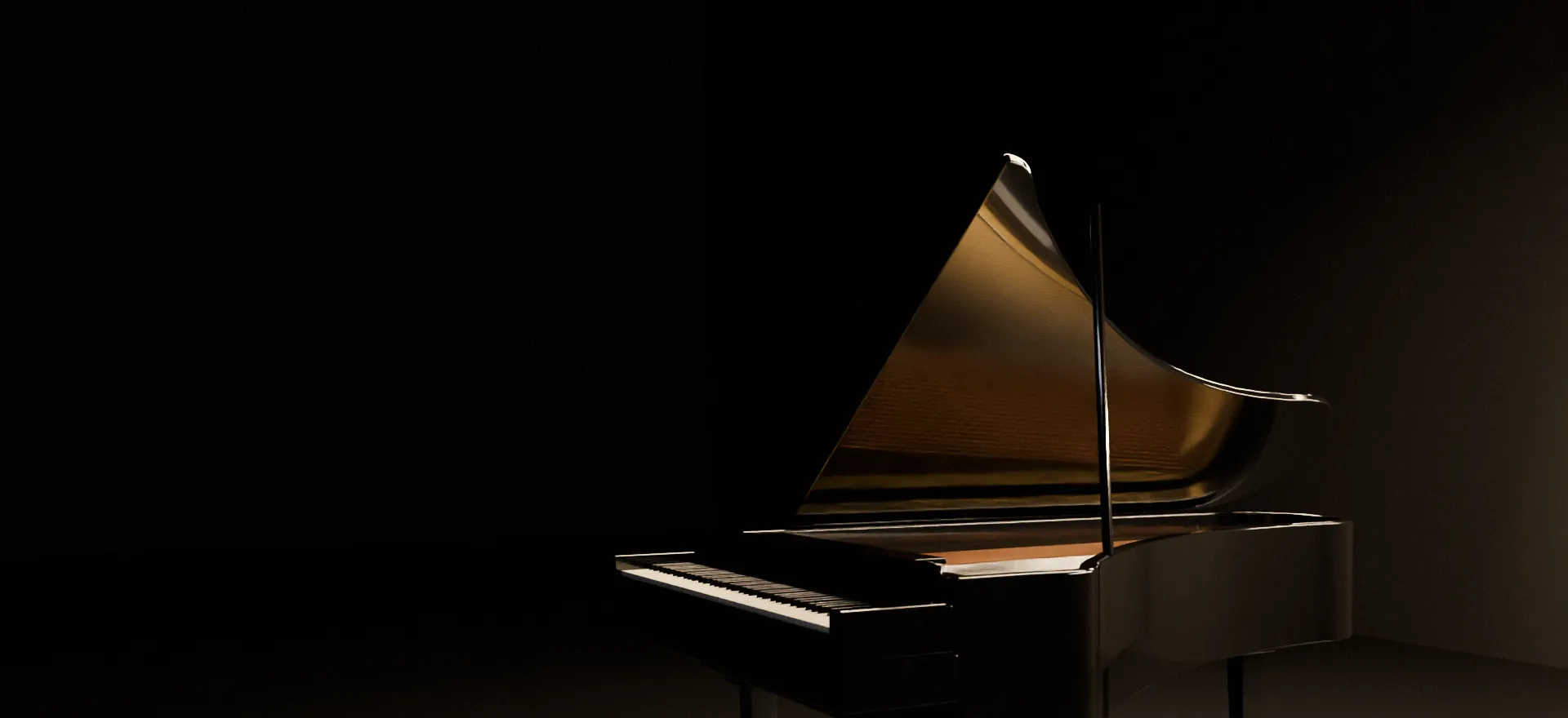 A black grand piano with its lid raised, softly lit in a dark room