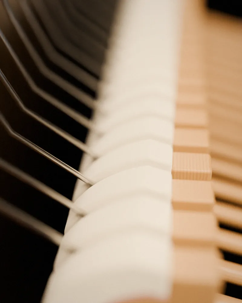 Clean white felt hammers inside an upright piano