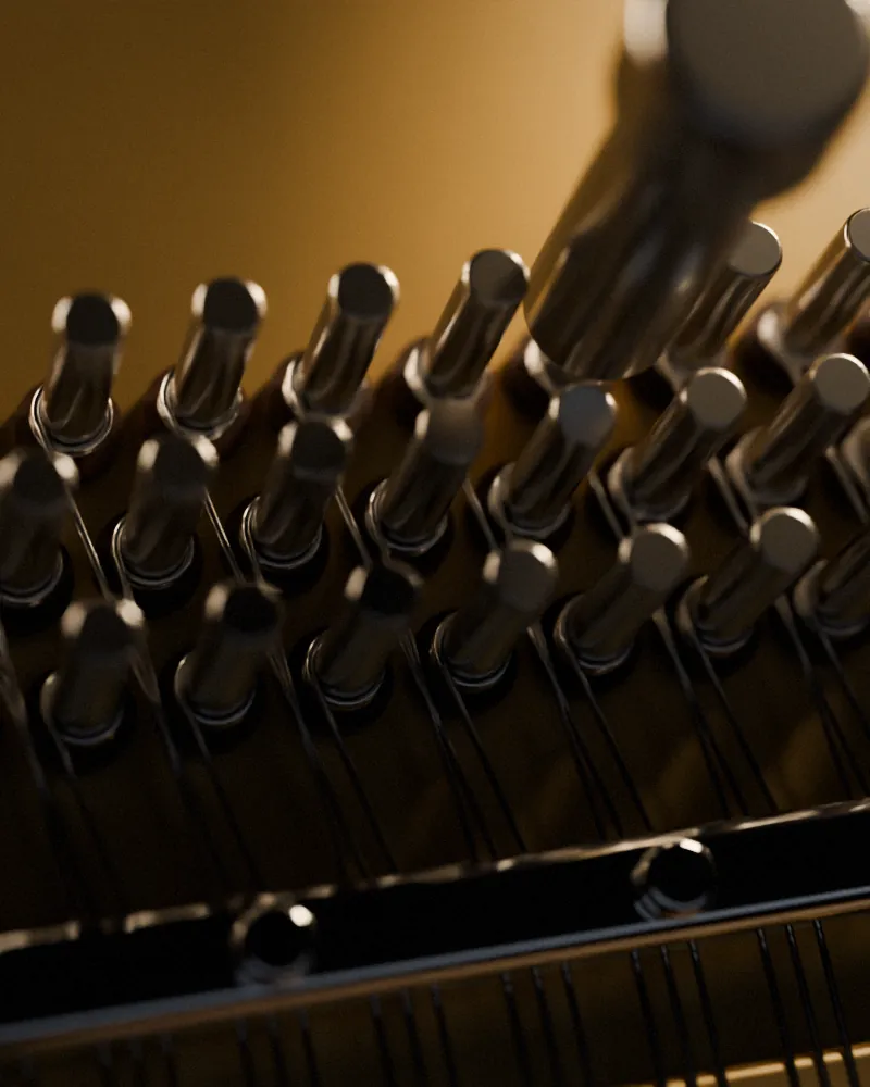 Tuning lever fitted to a tuning pin among rows of pins and steel strings